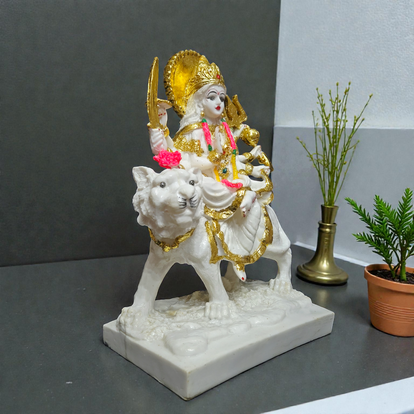 Handcrafted Durga Maa Polyresin Idol – Sherawali Mata Statue on Lion for Home Temple, Navratri Puja & Vastu
