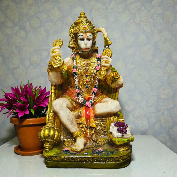 Handcrafted Lord Hanuman Polyresin Idol – Sitting Bajrangbali Statue with Gada for Strength, Protection & Home Decor