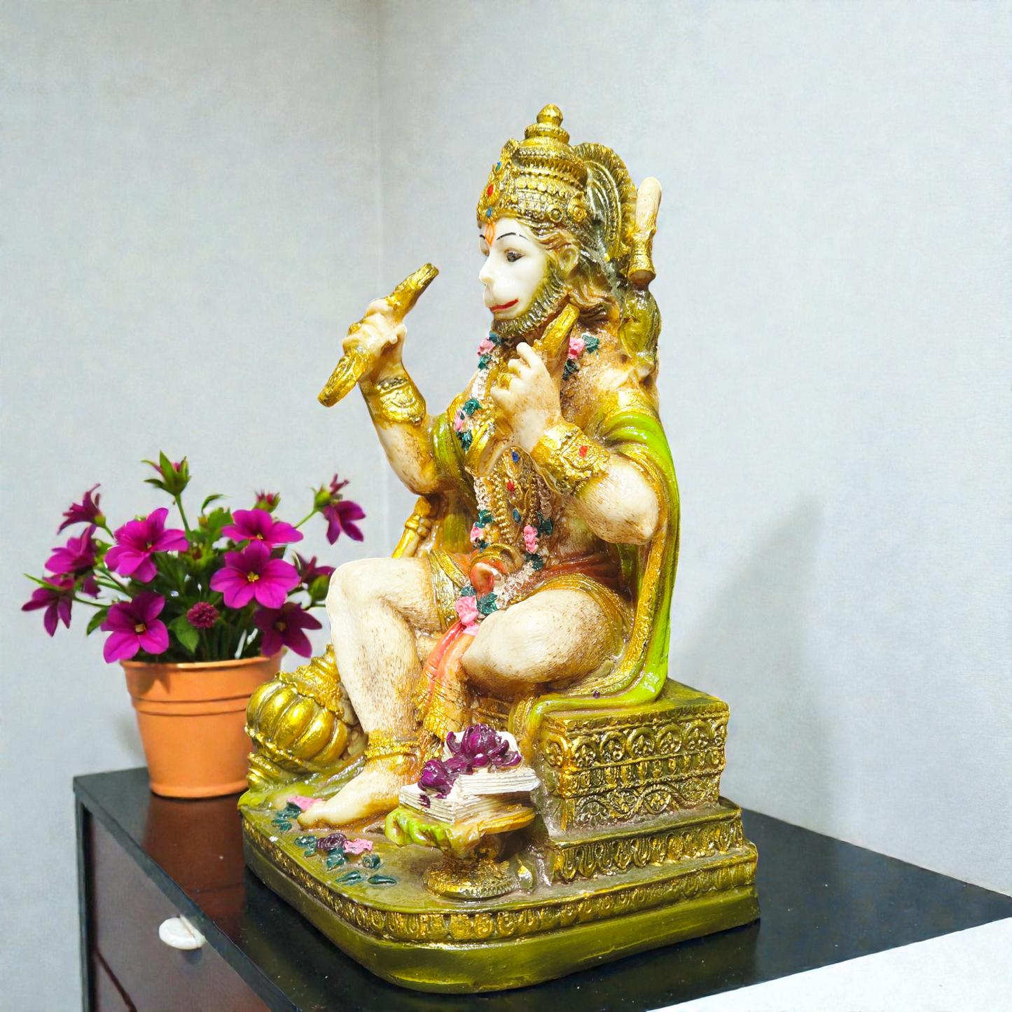 Handcrafted Lord Hanuman Polyresin Idol – Sitting Bajrangbali Statue with Gada for Strength, Protection & Home Decor