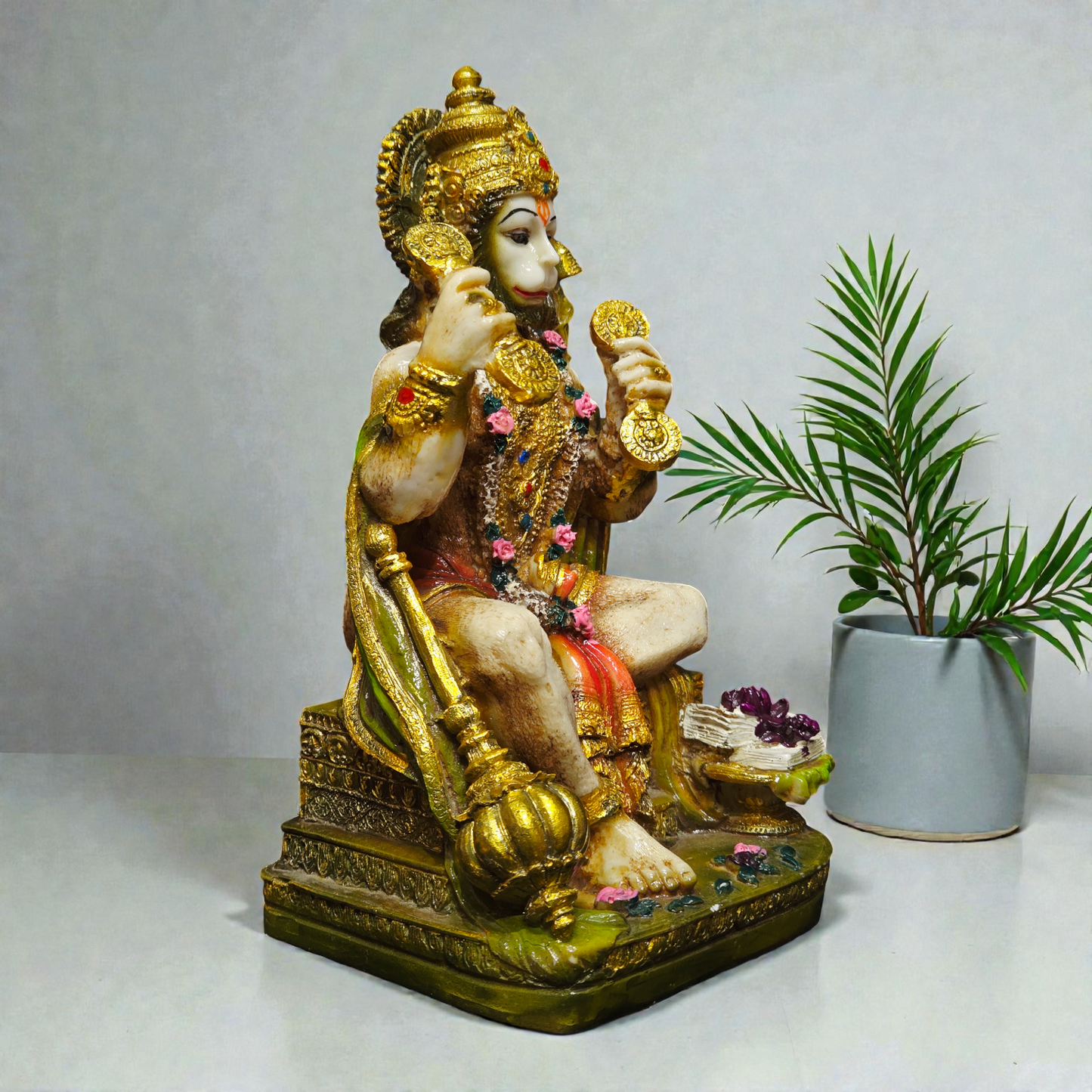 Handcrafted Lord Hanuman Polyresin Idol – Sitting Bajrangbali Statue with Gada for Strength, Protection & Home Decor