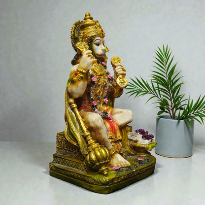 Handcrafted Lord Hanuman Polyresin Idol – Sitting Bajrangbali Statue with Gada for Strength, Protection & Home Decor