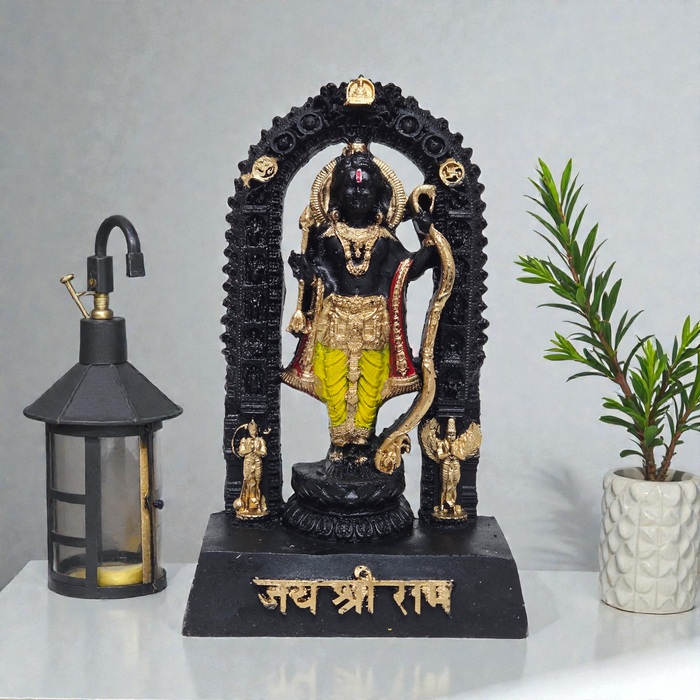Handcrafted Ram Lalla Polyresin Idol – Ayodhya Ram Mandir Inspired Black & Gold Murti for Home Temple & Vastu