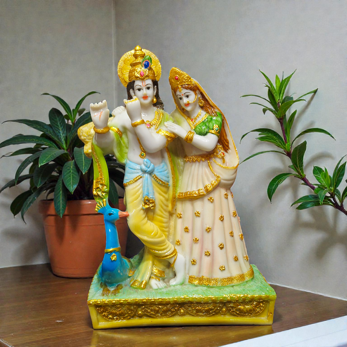 Handcrafted Radha Krishna Polyresin Idol – Divine Jugal Sarkar Statue with Peacock for Home Temple, Vastu & Wedding Gifting