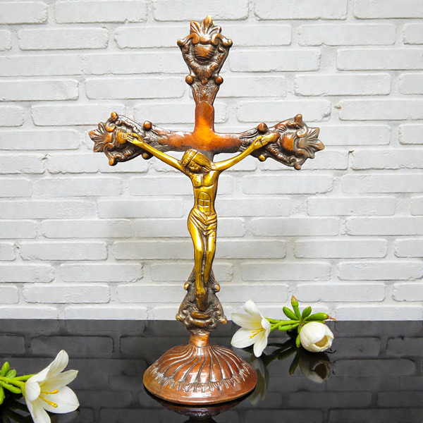 Handcrafted Pure Brass Jesus Cross Statue – Antique Crucifix Idol for Home Decor, Altar & Gifting