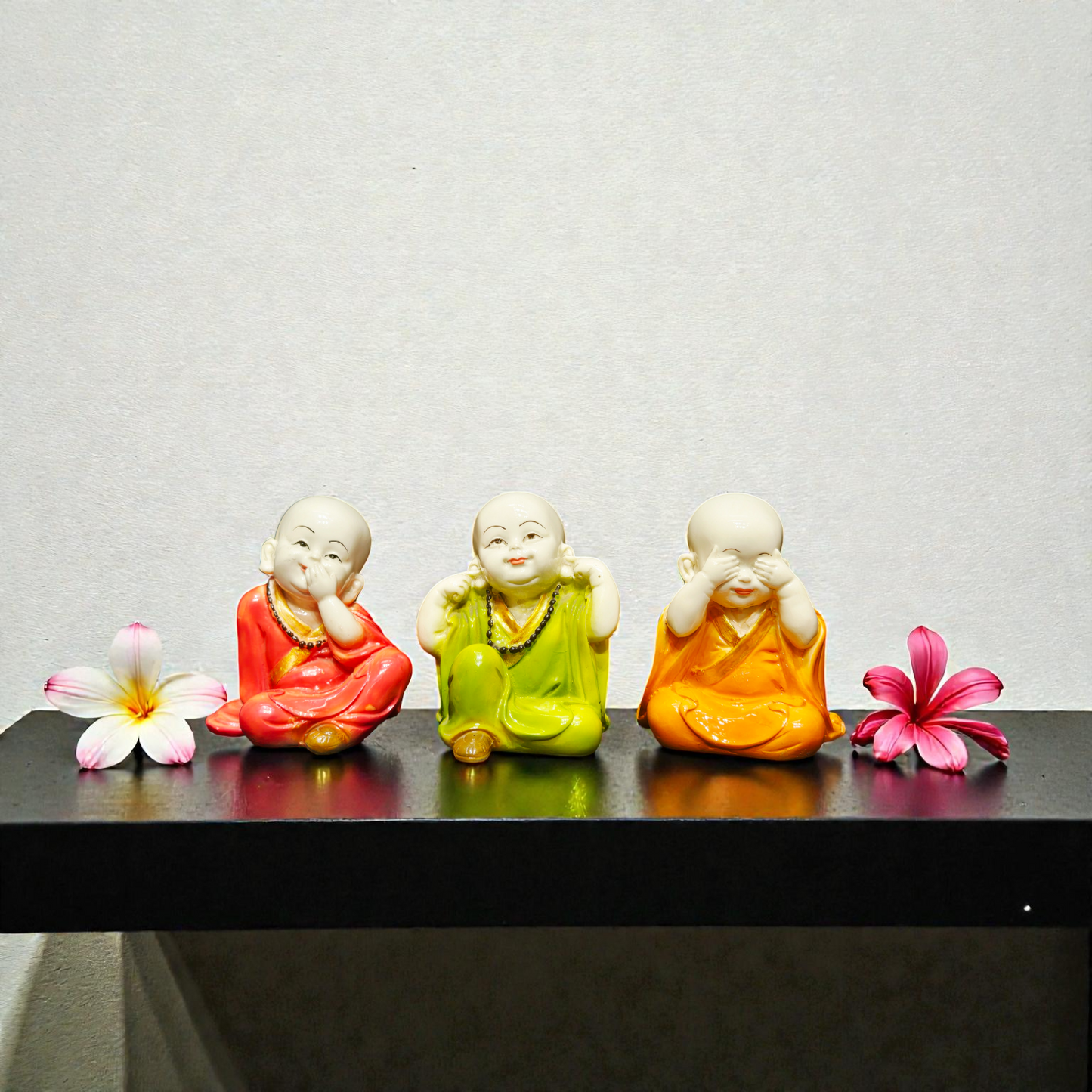 Set of 3 Miniature Baby Buddha Polyresin Idols – Hear, See, Speak No Evil Monk Statues for Home Decor, Office Desk & Gifting
