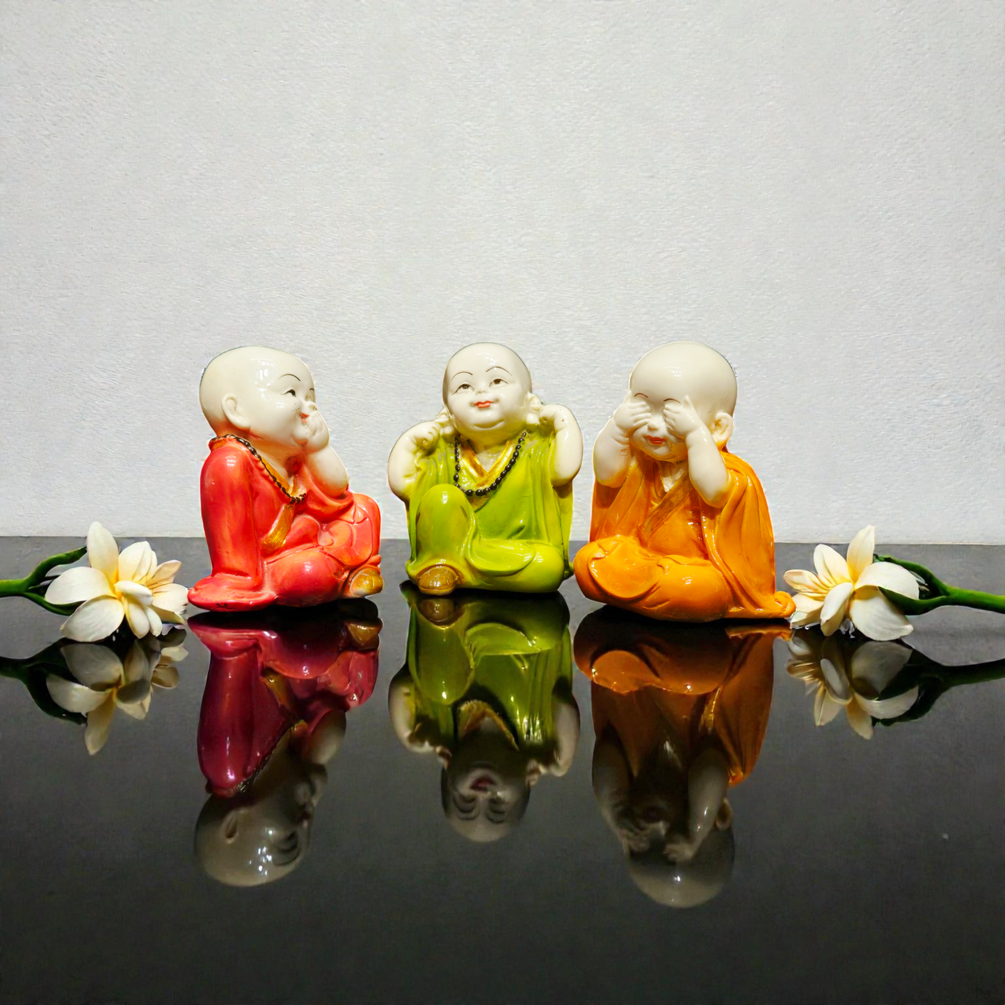 Set of 3 Miniature Baby Buddha Polyresin Idols – Hear, See, Speak No Evil Monk Statues for Home Decor, Office Desk & Gifting