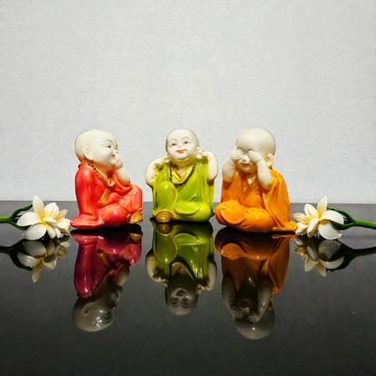 Set of 3 Miniature Baby Buddha Polyresin Idols – Hear, See, Speak No Evil Monk Statues for Home Decor, Office Desk & Gifting