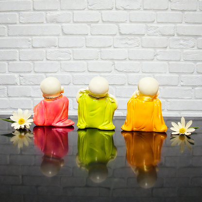 Set of 3 Miniature Baby Buddha Polyresin Idols – Hear, See, Speak No Evil Monk Statues for Home Decor, Office Desk & Gifting