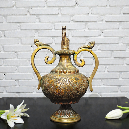 Handcrafted Pure Brass Antique Surahi – Decorative Royal Vase with Intricate Floral Carvings for Home Decor