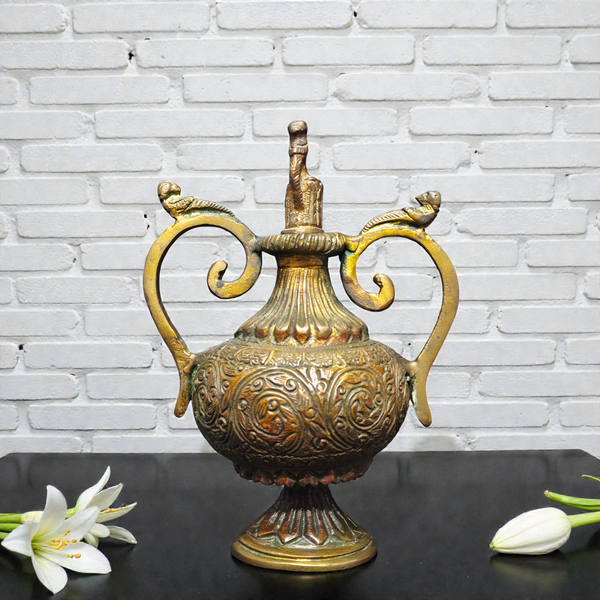 Handcrafted Pure Brass Antique Surahi – Decorative Royal Vase with Intricate Floral Carvings for Home Decor