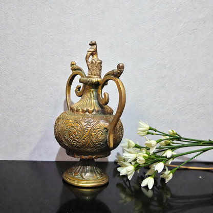 Handcrafted Pure Brass Antique Surahi – Decorative Royal Vase with Intricate Floral Carvings for Home Decor