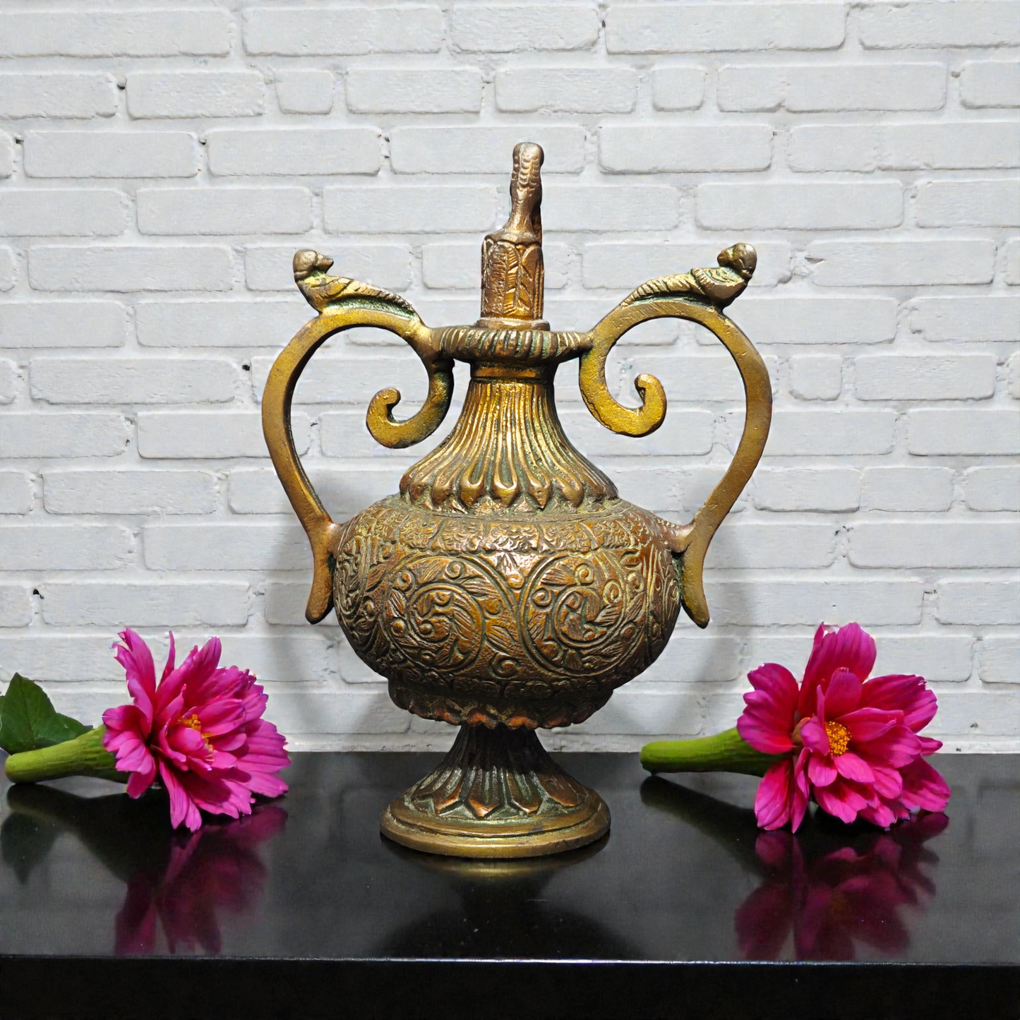 Handcrafted Pure Brass Antique Surahi – Decorative Royal Vase with Intricate Floral Carvings for Home Decor
