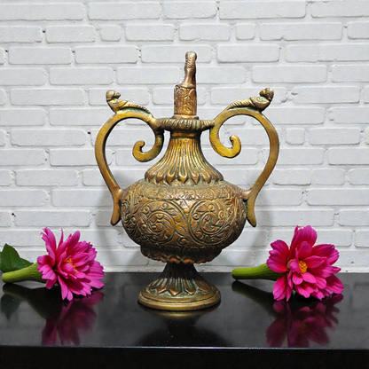 Handcrafted Pure Brass Antique Surahi – Decorative Royal Vase with Intricate Floral Carvings for Home Decor