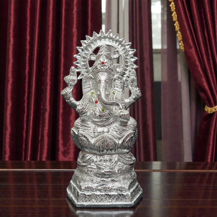 Handcrafted White Metal Ganesha Idol – Sitting Lord Ganpati Murti on Lotus Base for Home Temple & Vastu
