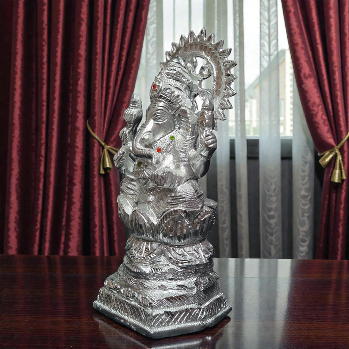 Handcrafted White Metal Ganesha Idol – Sitting Lord Ganpati Murti on Lotus Base for Home Temple & Vastu