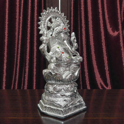 Handcrafted White Metal Ganesha Idol – Sitting Lord Ganpati Murti on Lotus Base for Home Temple & Vastu