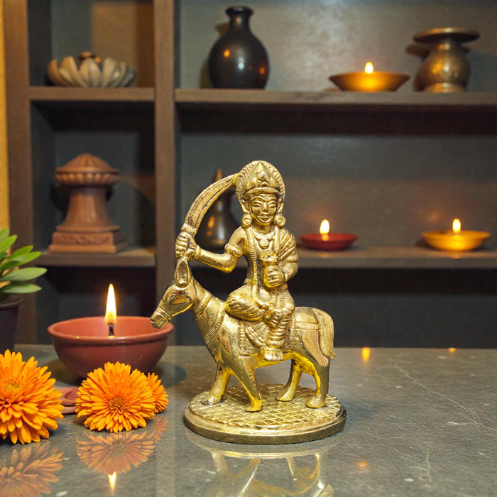 Handcrafted Pure Brass Melding Maa Idol – Warrior Durga Mata Statue with Sword on Mount for Home Temple & Protection