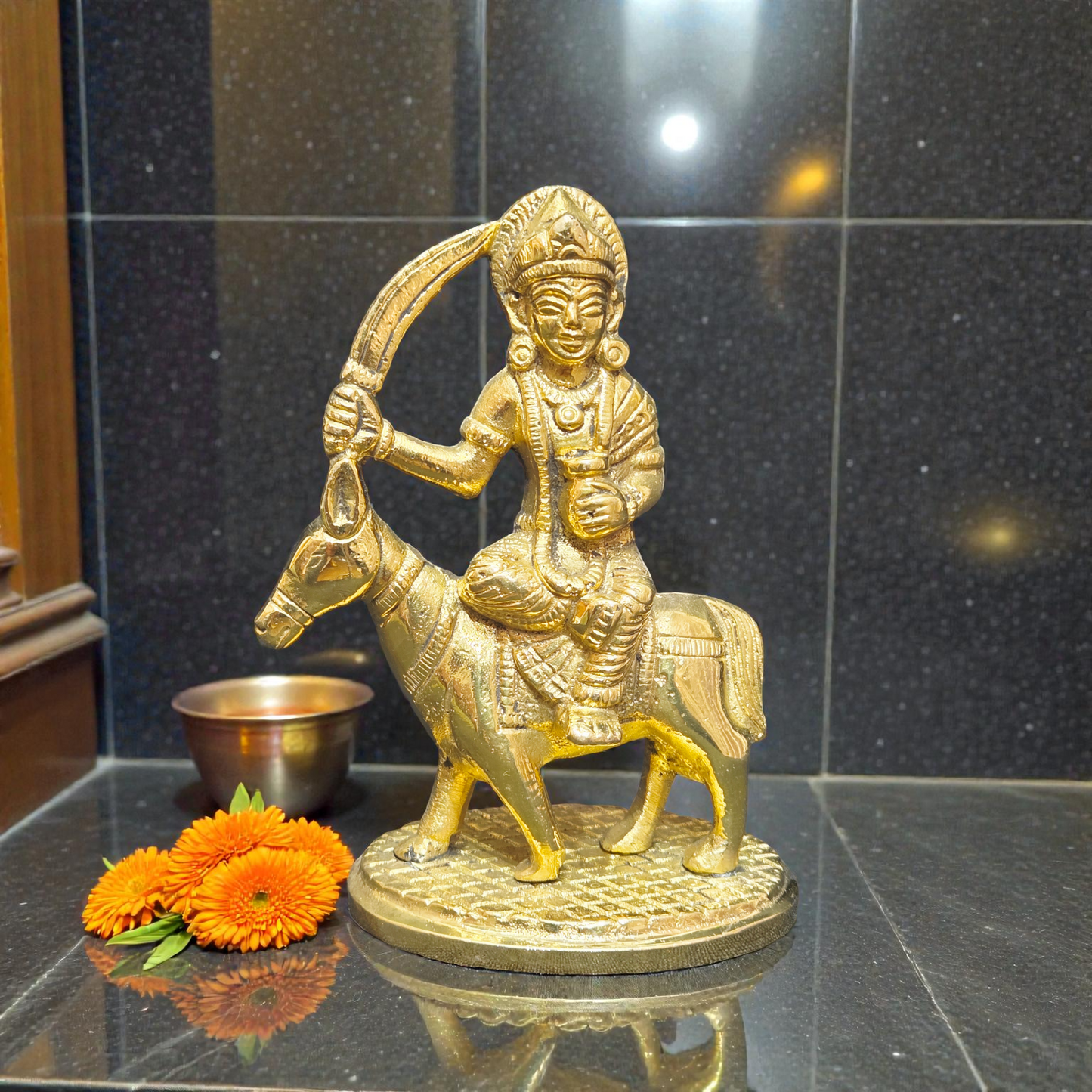 Handcrafted Pure Brass Melding Maa Idol – Warrior Durga Mata Statue with Sword on Mount for Home Temple & Protection