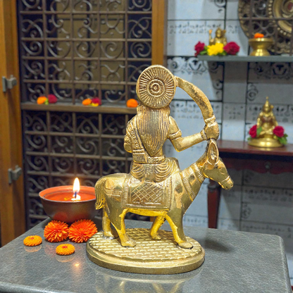 Handcrafted Pure Brass Melding Maa Idol – Warrior Durga Mata Statue with Sword on Mount for Home Temple & Protection