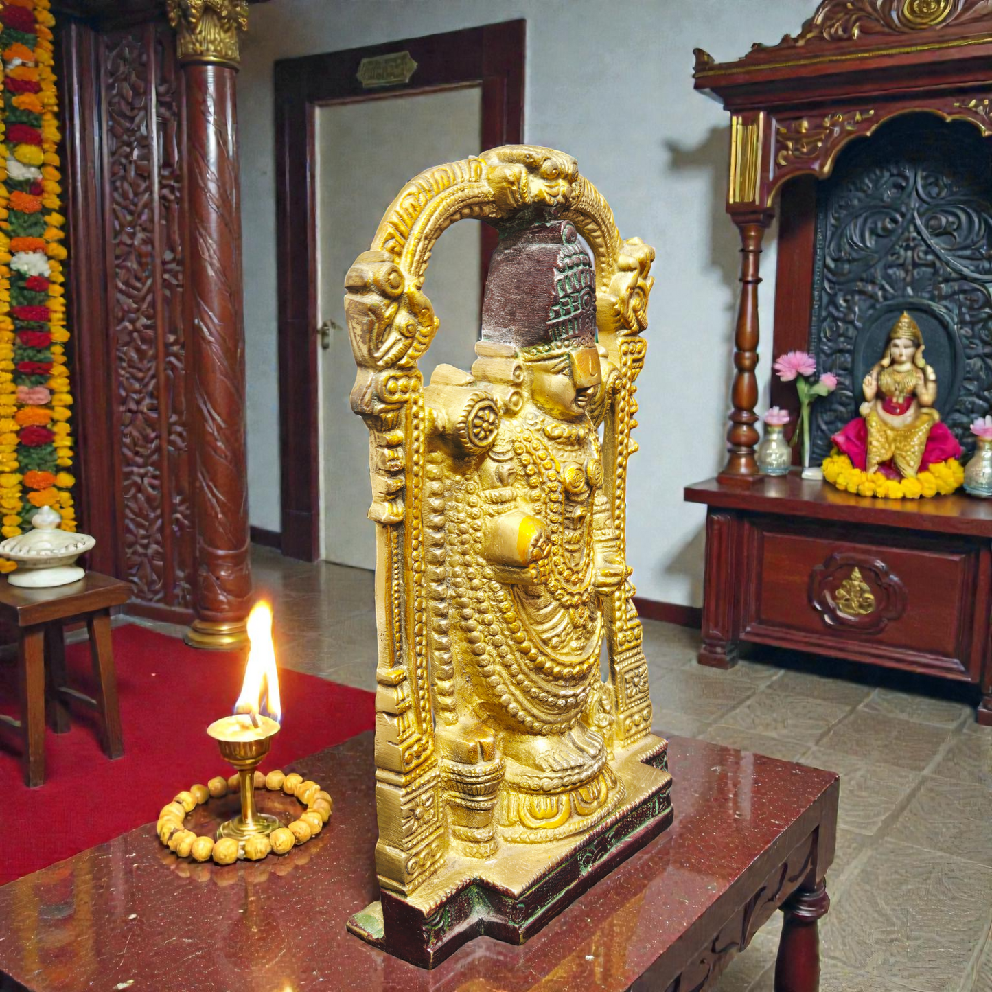 Handcrafted Pure Brass Lord Balaji Idol – Tirupati Venkateswara Swamy Statue with Prabhavali for Home Temple