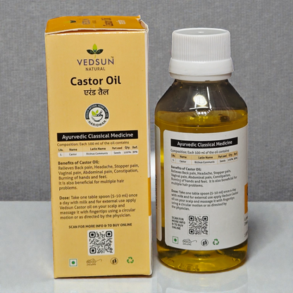 Vedsun Castor Oil (Erand Tail) - 100% Pure & Ayush Approved | For Hair Growth, Eyebrows & Skin Care - 100ml