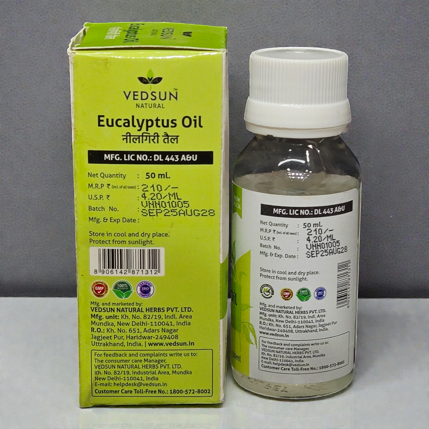 Vedsun Eucalyptus Oil (Nilgiri Tail) - 100% Pure & Ayush Approved | For Cold, Cough & Joint Pain - 50ml