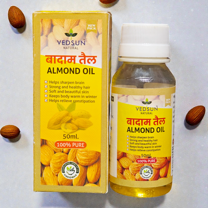 Vedsun Almond Oil (Badam Tail) - 100% Pure & Natural | For Brain Health, Skin Glow & Hair Care - 50ml