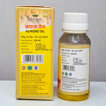Vedsun Almond Oil (Badam Tail) - 100% Pure & Natural | For Brain Health, Skin Glow & Hair Care - 50ml