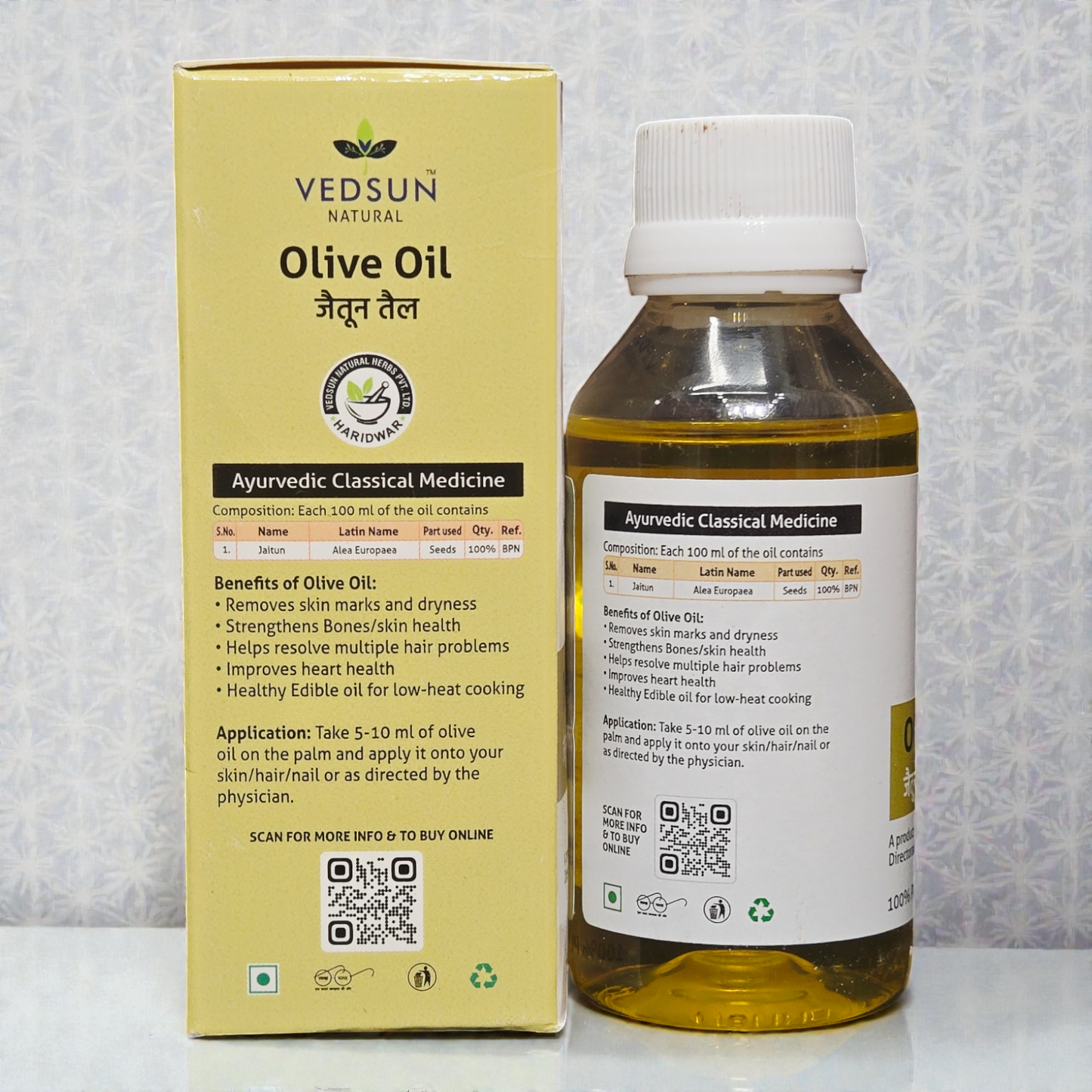 Vedsun Olive Oil (Jaitun Tail) - 100% Pure & Ayush Approved | For Baby Massage, Hair & Skin Care - 100ml