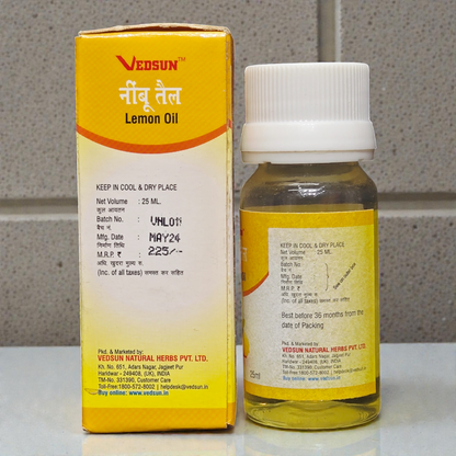 Vedsun Lemon Essential Oil (Nimbu Tail) - 100% Pure & Natural | For Skin Brightening, Acne & Aromatherapy - 25ml