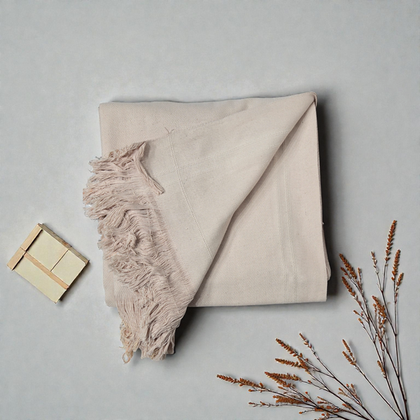 Premium Solid Beige Khadi Cotton Khesh – Handwoven Heavy Cotton Blanket / Throw with Fringes for Home & Travel
