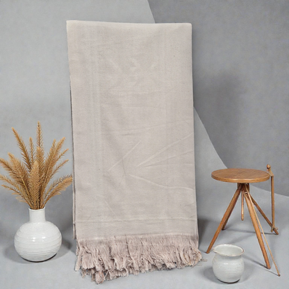 Premium Solid Beige Khadi Cotton Khesh – Handwoven Heavy Cotton Blanket / Throw with Fringes for Home & Travel