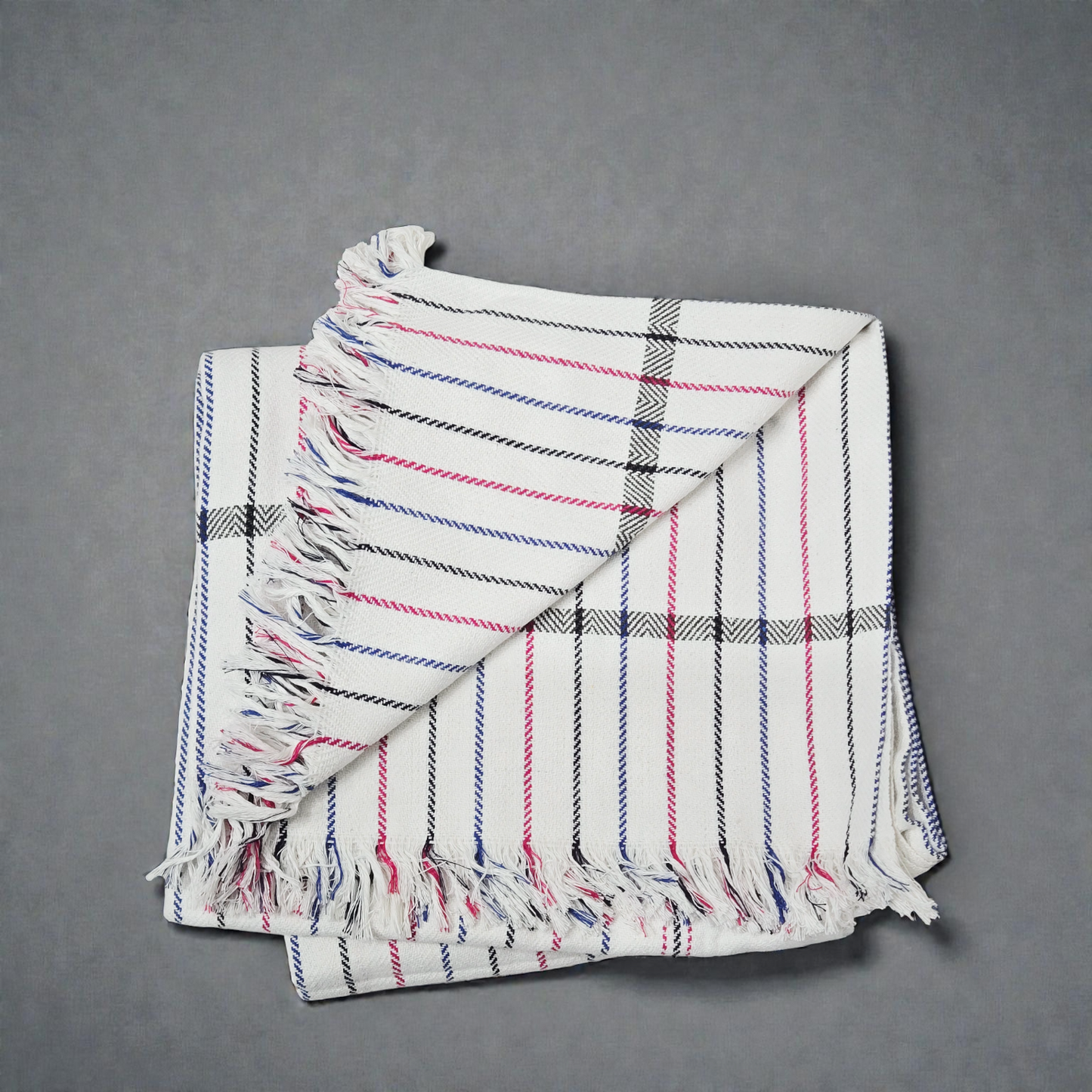 Premium White Striped Khadi Cotton Khesh – Handwoven Multi-Color Heavy Blanket / Throw with Fringes