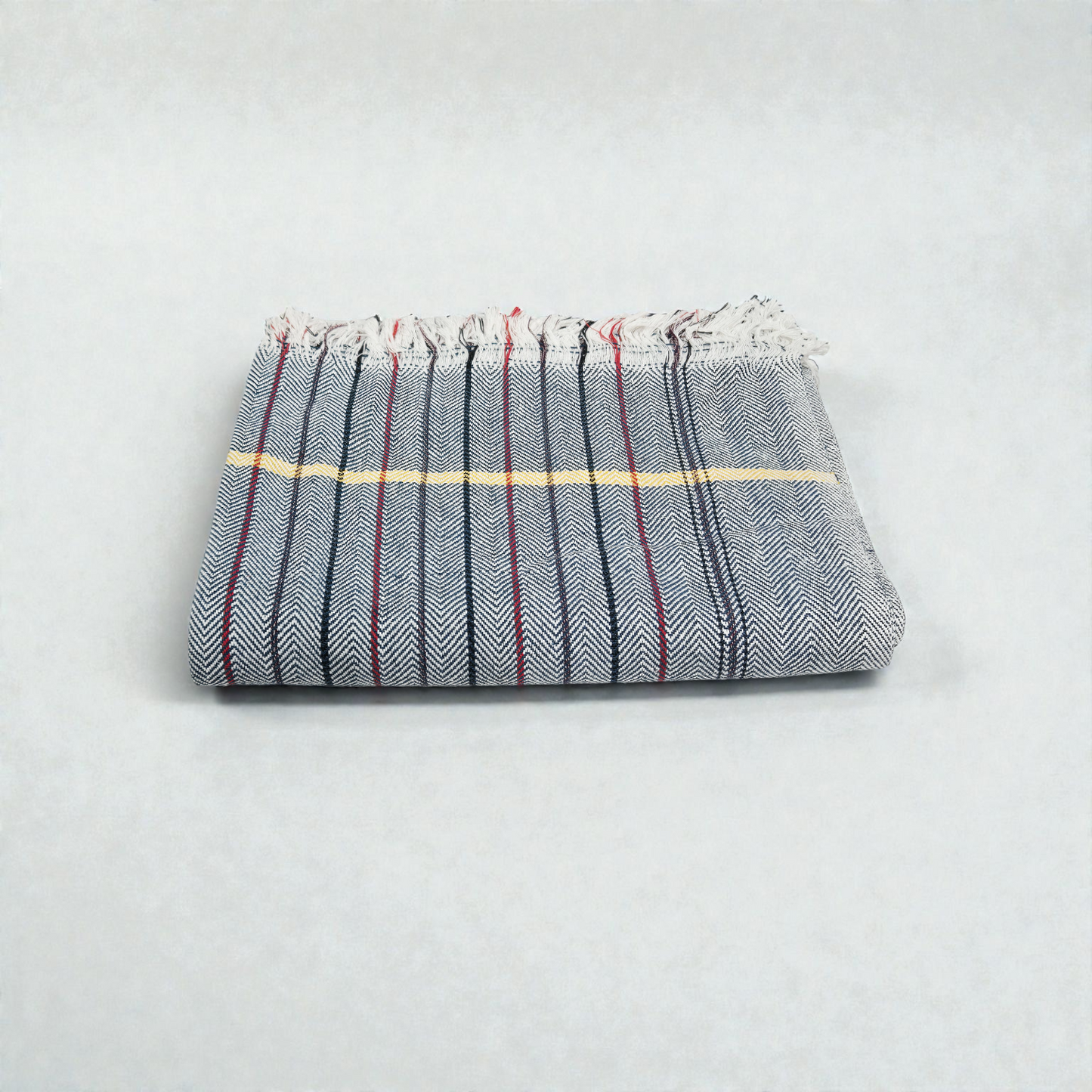Premium Blue Herringbone Striped Khadi Cotton Khesh – Handwoven Multi-Color Textured Heavy Blanket