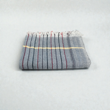Premium Blue Herringbone Striped Khadi Cotton Khesh – Handwoven Multi-Color Textured Heavy Blanket