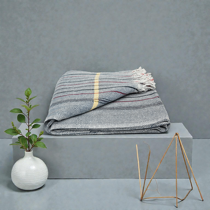 Premium Blue Herringbone Striped Khadi Cotton Khesh – Handwoven Multi-Color Textured Heavy Blanket