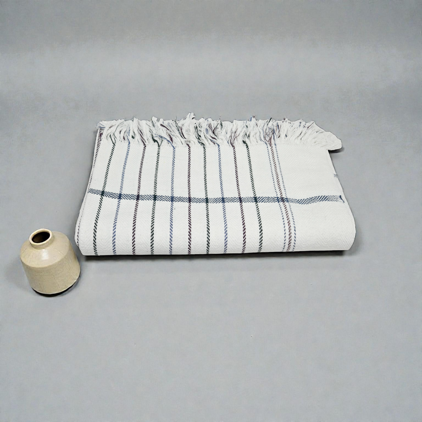 Premium White Striped Khadi Cotton Khesh – Handwoven Blue Accent Heavy Blanket / Throw with Fringes