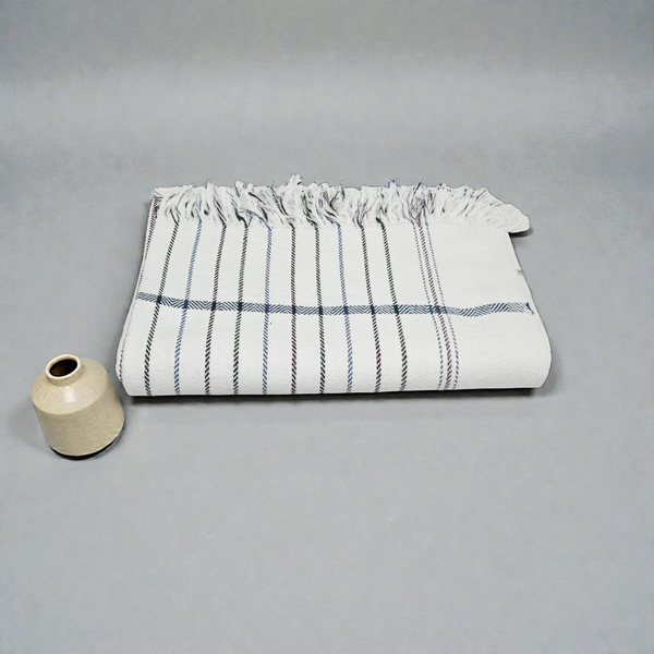 Premium White Striped Khadi Cotton Khesh – Handwoven Blue Accent Heavy Blanket / Throw with Fringes