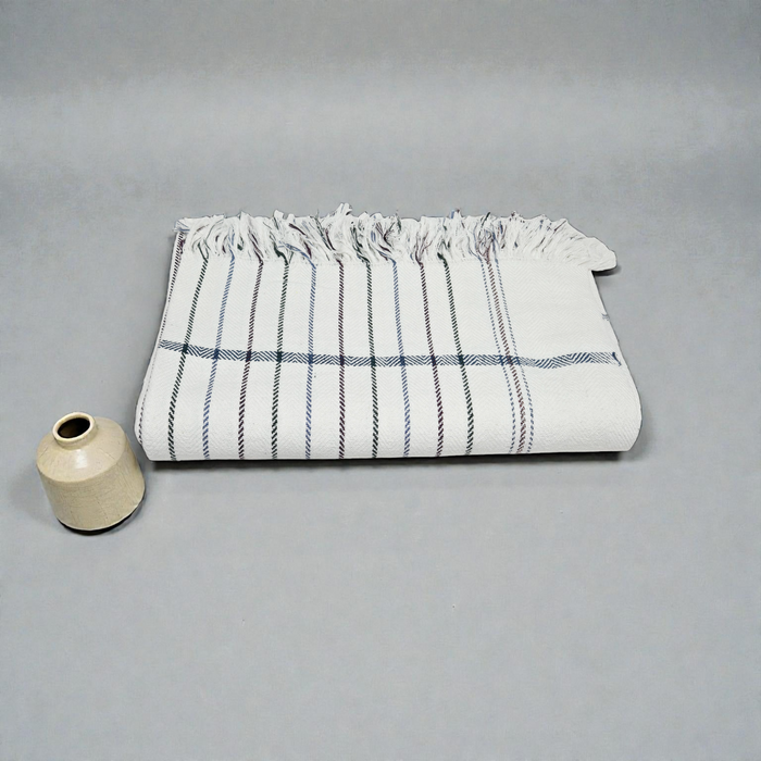 Premium White Striped Khadi Cotton Khesh – Handwoven Blue Accent Heavy Blanket / Throw with Fringes