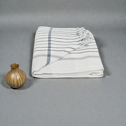 Premium White Striped Khadi Cotton Khesh – Handwoven Blue Accent Heavy Blanket / Throw with Fringes