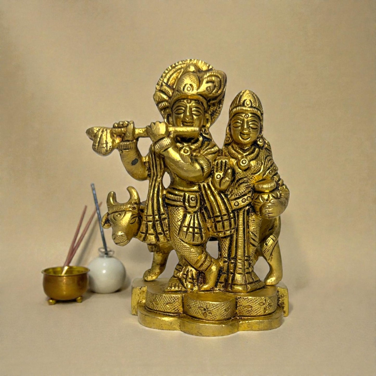 Adhunik Swadeshi Bhandar Brass Radha Krishna Idol | Flute Krishna Murti | Spiritual Home Decor & Gift