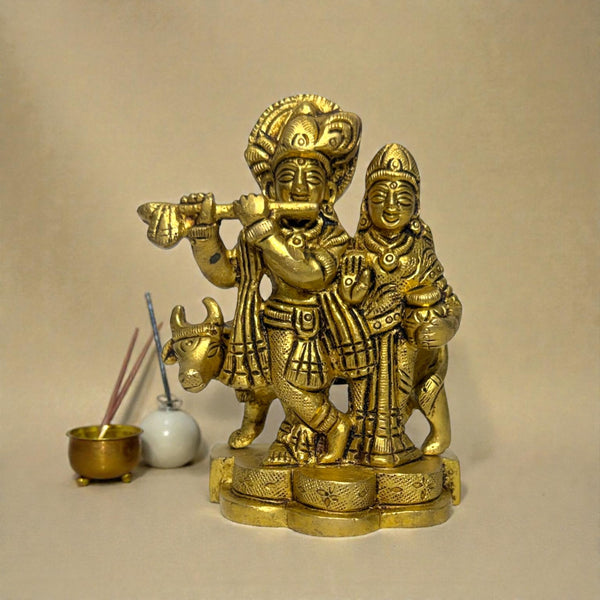 Adhunik Swadeshi Bhandar Brass Radha Krishna Idol | Flute Krishna Murti | Spiritual Home Decor & Gift