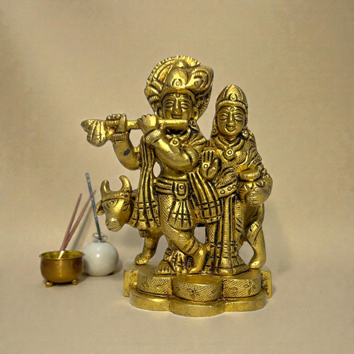 Adhunik Swadeshi Bhandar Brass Radha Krishna Idol | Flute Krishna Murti | Spiritual Home Decor & Gift