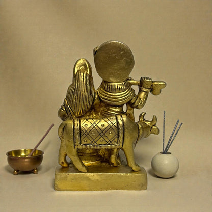 Adhunik Swadeshi Bhandar Brass Radha Krishna Idol | Flute Krishna Murti | Spiritual Home Decor & Gift