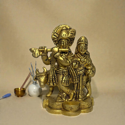 Adhunik Swadeshi Bhandar Brass Radha Krishna Idol | Flute Krishna Murti | Spiritual Home Decor & Gift
