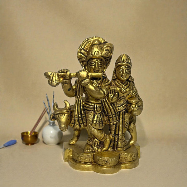 Adhunik Swadeshi Bhandar Brass Radha Krishna Idol | Flute Krishna Murti | Spiritual Home Decor & Gift