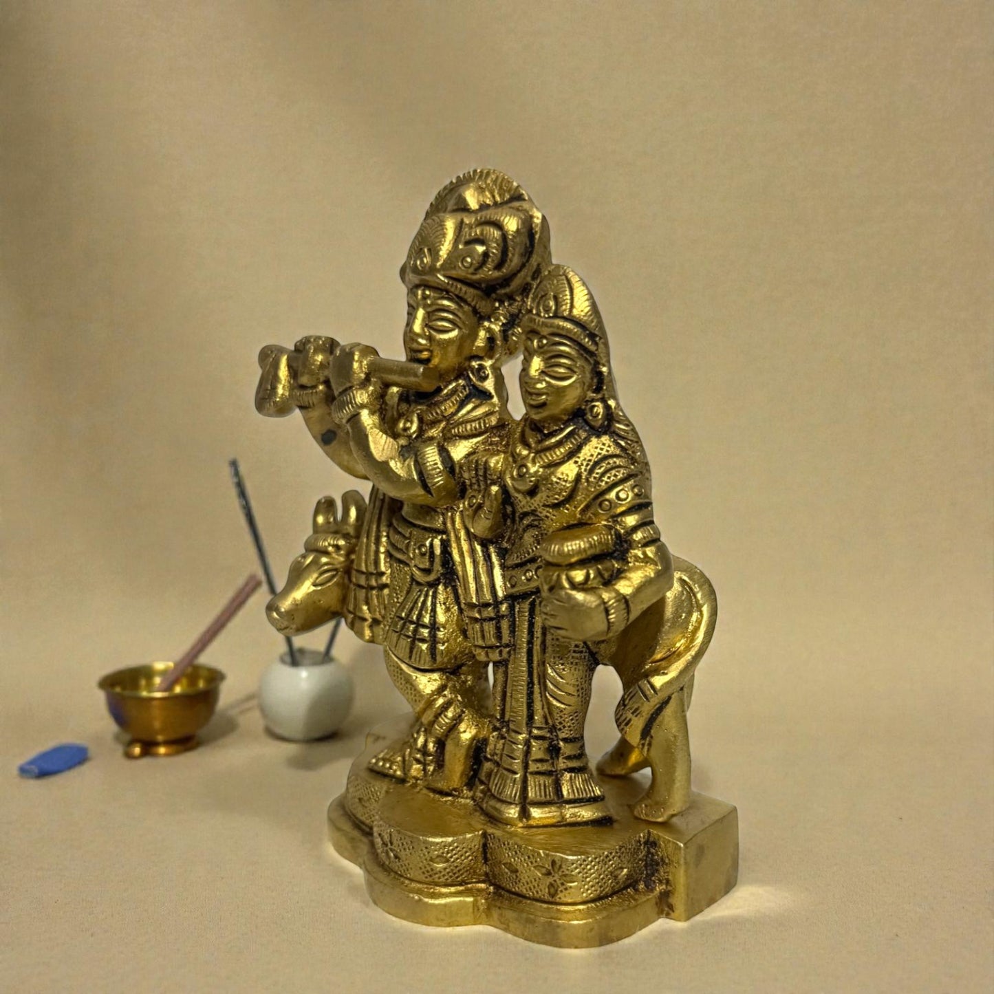 Adhunik Swadeshi Bhandar Brass Radha Krishna Idol | Flute Krishna Murti | Spiritual Home Decor & Gift