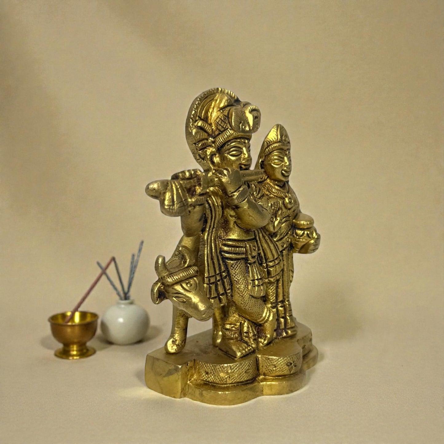 Adhunik Swadeshi Bhandar Brass Radha Krishna Idol | Flute Krishna Murti | Spiritual Home Decor & Gift