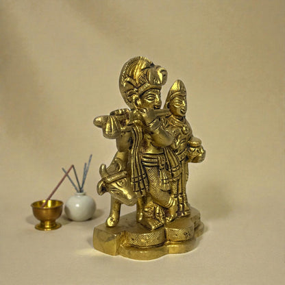 Adhunik Swadeshi Bhandar Brass Radha Krishna Idol | Flute Krishna Murti | Spiritual Home Decor & Gift
