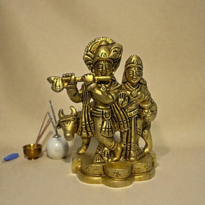 Adhunik Swadeshi Bhandar Brass Radha Krishna Idol | Flute Krishna Murti | Spiritual Home Decor & Gift